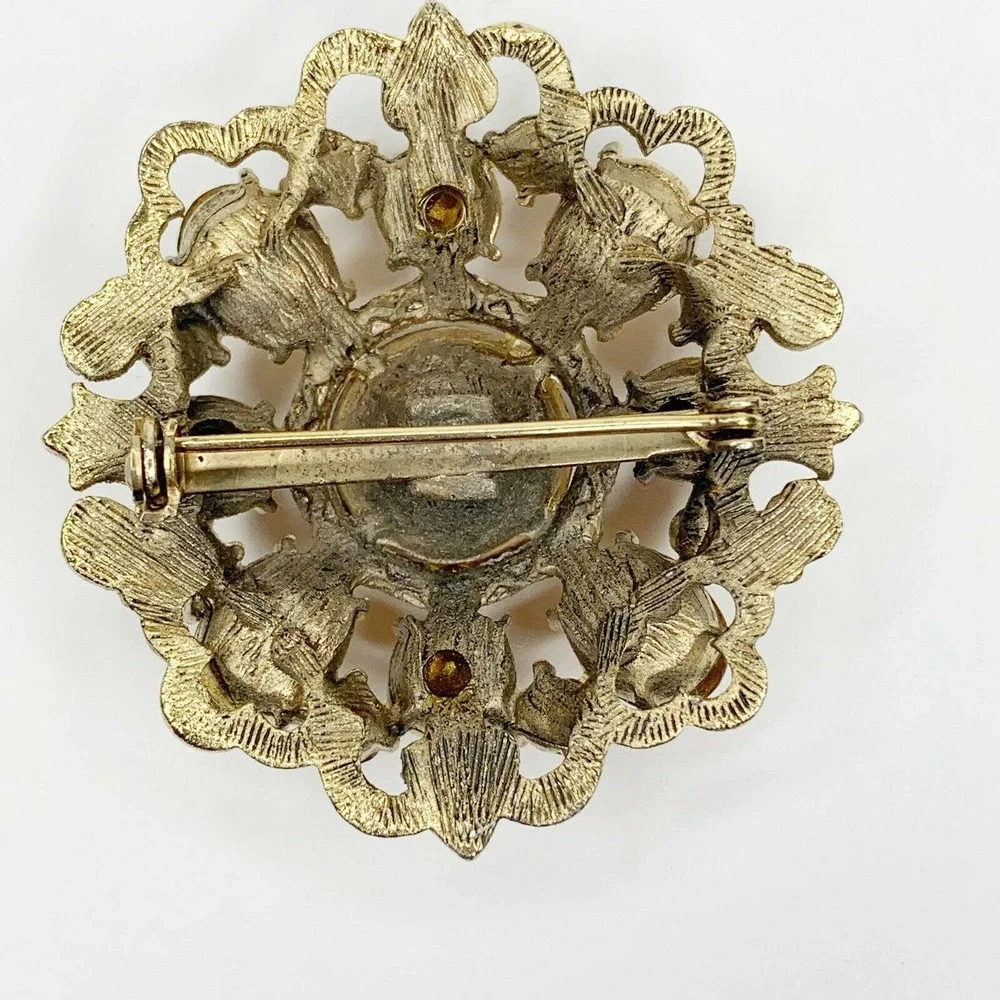 Vintage Amber Rhinestone Flower Brooch Pin - Picture 3 of 5